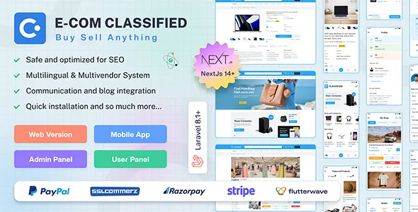 Full eCommerce Classified– Flutter (Android, iOS), Next.js Web, React Admin, Laravel API